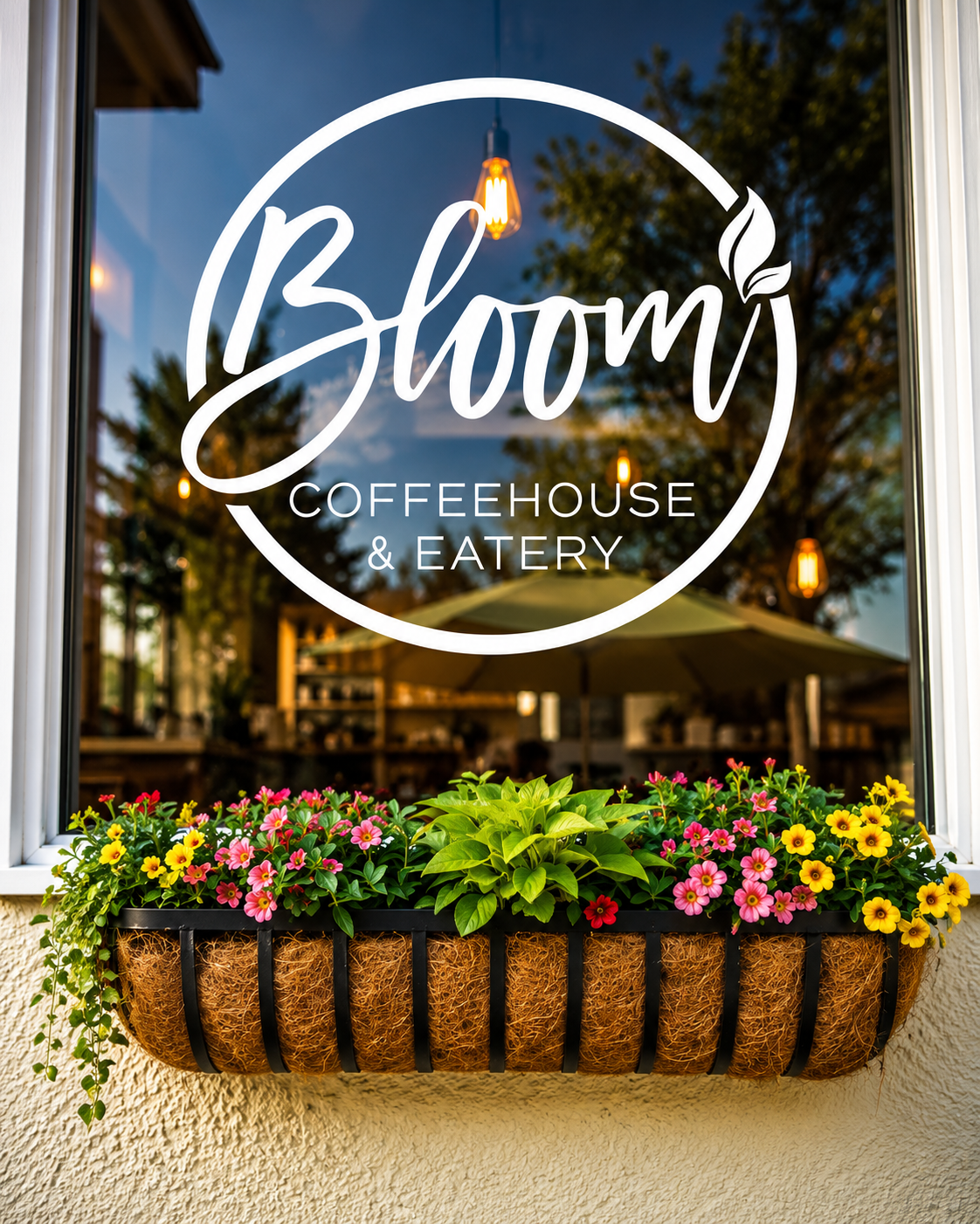 Bloom Coffeehouse & Eatery window logo with flowers below