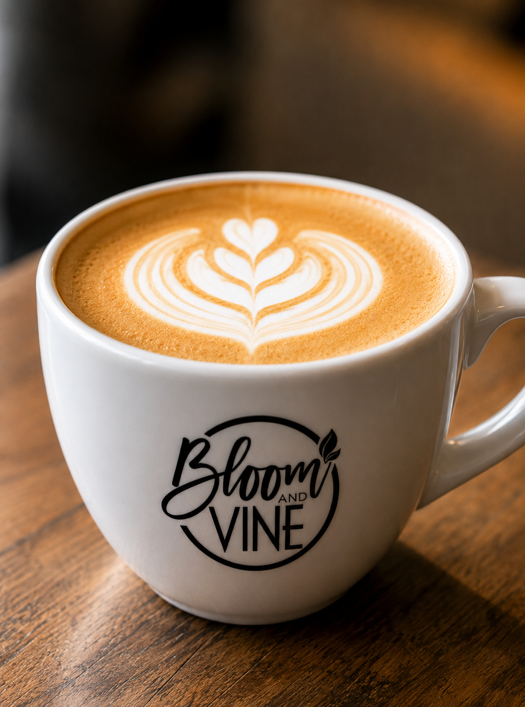 Latte art in a Bloom & Vine coffee cup