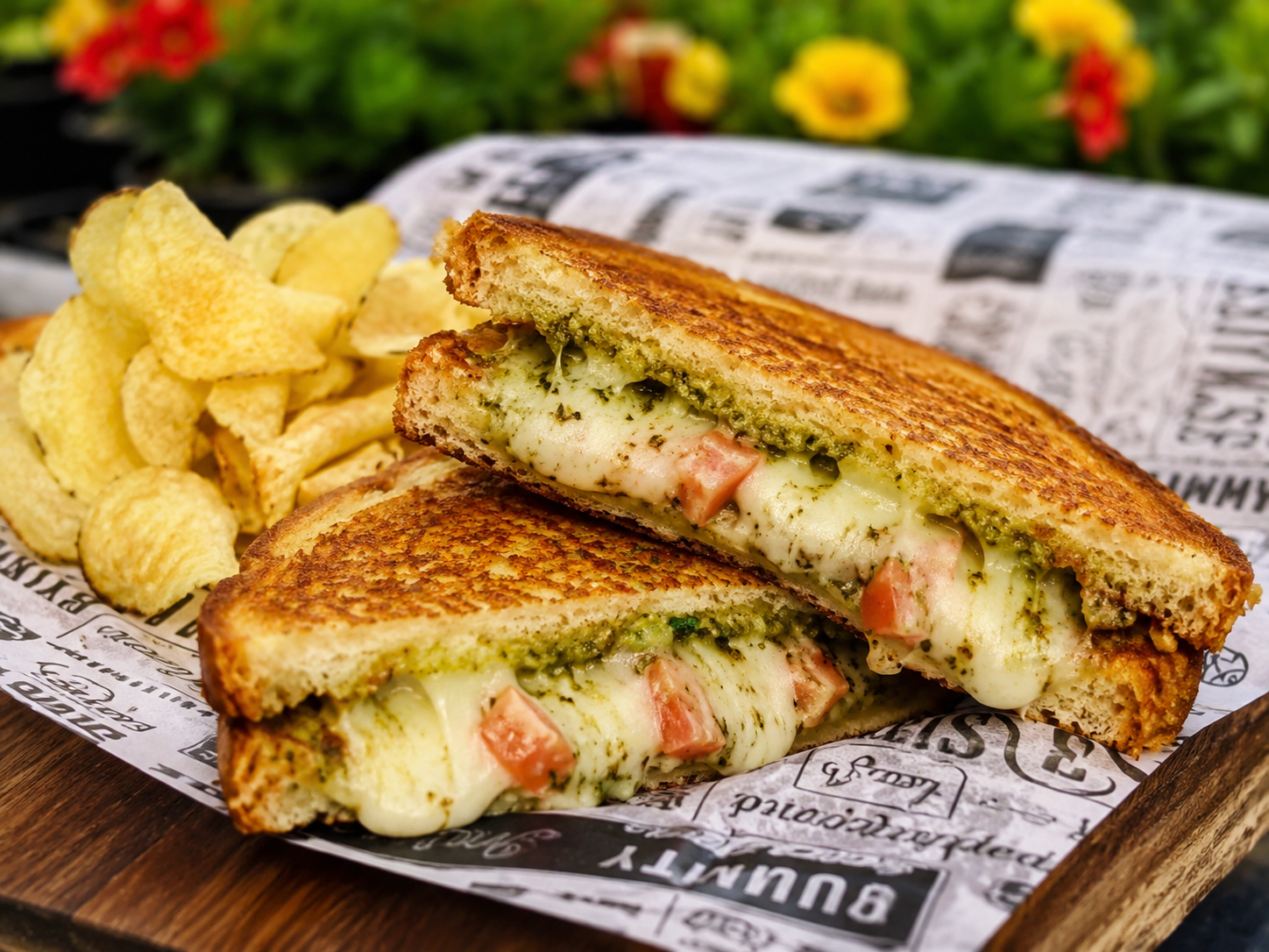 Pesto panini with chips served near flowers