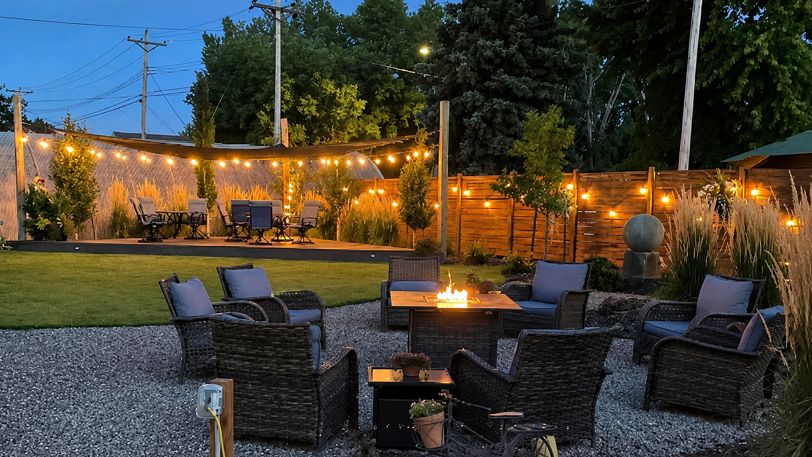 Bloom & Vine courtyard with string lights and evening seating